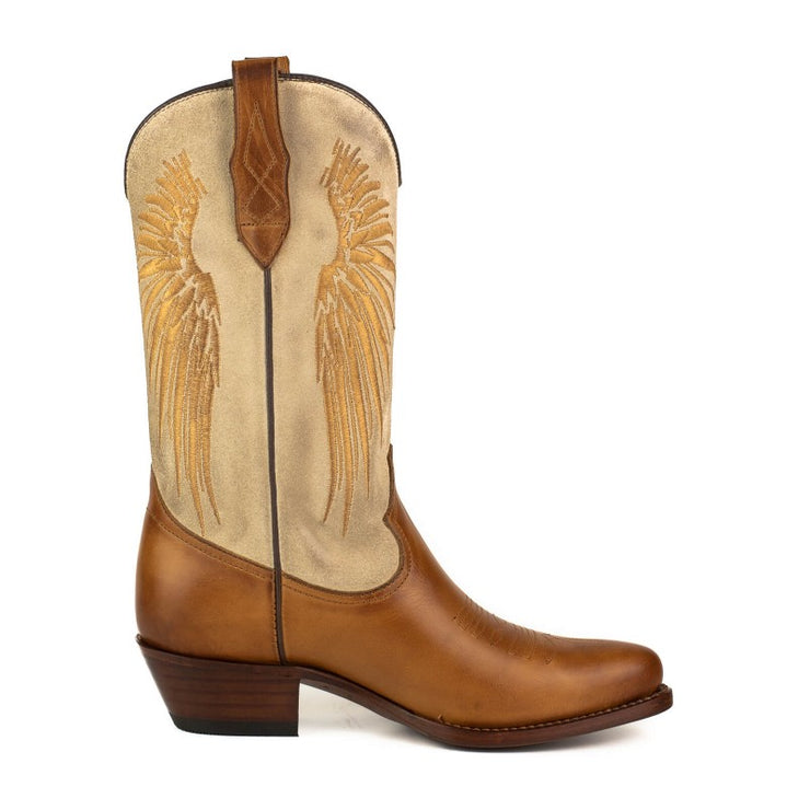 Botas Cowboy Mulher Castanho e Bege com Asas Dourado 2666