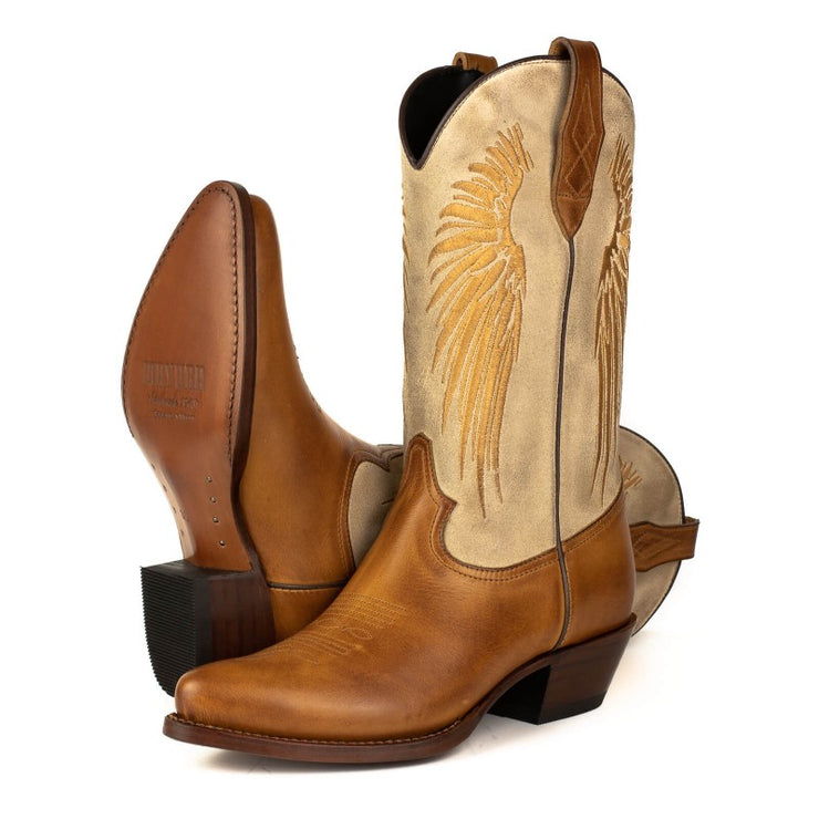 Botas Cowboy Mulher Castanho e Bege com Asas Dourado 2666