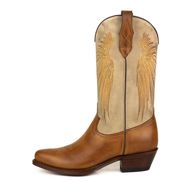 Botas Cowboy Mulher Castanho e Bege com Asas Dourado 2666