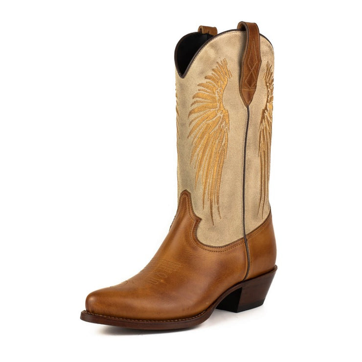 Botas Cowboy Mulher Castanho e Bege com Asas Dourado 2666