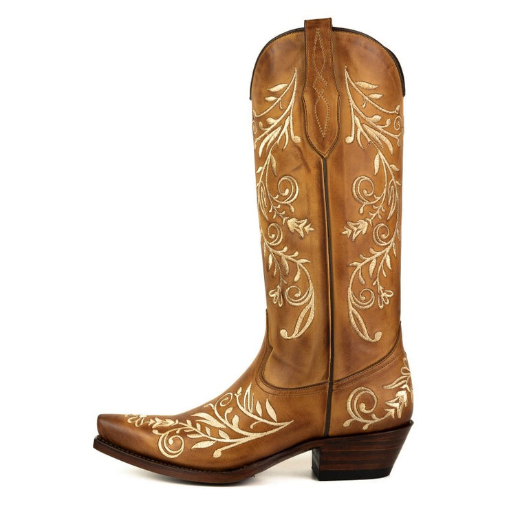 Botas Cowboy Country e Western de Mulher 2669 Couro Castanho com Bordado Floral