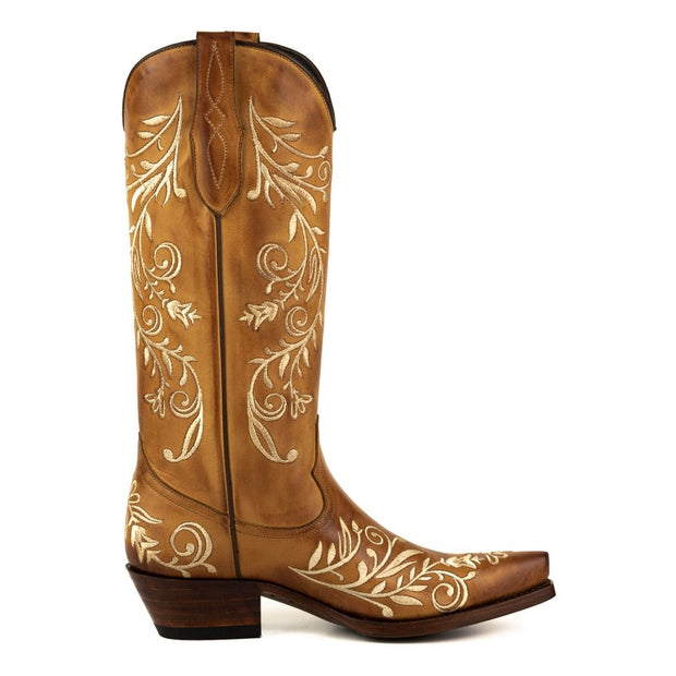 Botas Cowboy Country e Western de Mulher 2669 Couro Castanho com Bordado Floral