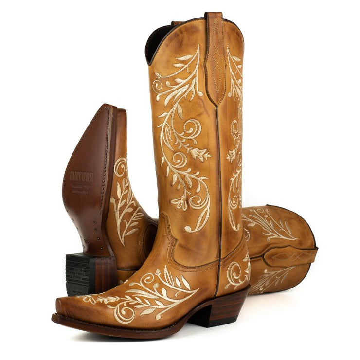 Botas Cowboy Country e Western de Mulher 2669 Couro Castanho com Bordado Floral
