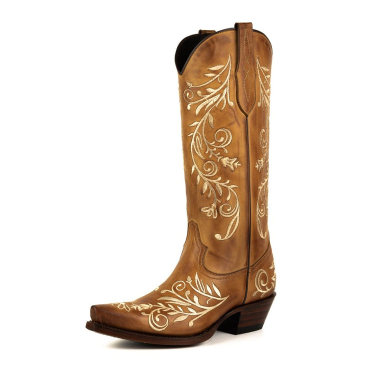 Botas Cowboy Country e Western de Mulher 2669 Couro Castanho com Bordado Floral
